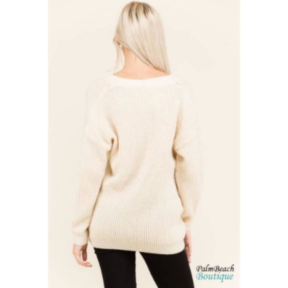 Petal Roz Lace Up Front Cream Sweater - Picture 3 of 4